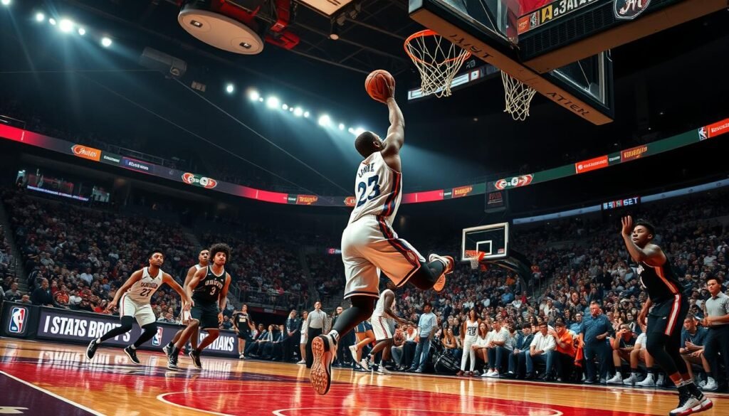 A bustling NBA court, the spotlight shines on a determined role player, poised to make their mark. They dart through the defense, ball in hand, eyes locked on the rim. Crisp passes, textbook screens, and timely cuts create open looks for teammates. Hustle and grit power their every move, as they seize the moment to impact the game. The crowd roars as they sink a clutch shot, their role amplified in a high-pressure situation. A wide lens captures the dynamic energy, showcasing the player's composure and instincts. Dramatic lighting accentuates the tension of the pivotal play, the outcome hanging in the balance.