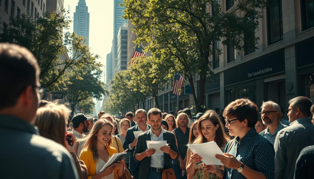 A bustling city street, sunlight filtering through the trees, capturing the dynamic interplay between public opinion and political surveys. In the foreground, a diverse crowd of people engages in animated discussions, their expressions reflecting a range of perspectives. In the middle ground, a team of researchers meticulously gathers data, their clipboards and smartphones capturing the pulse of the community. In the background, a towering media headquarters, its façade a symbol of the power to shape narratives and influence public opinion. The scene exudes a sense of energy and civic engagement, inviting the viewer to delve into the complex relationship between politics, media, and the stories that emerge from the data. A bustling city street, sunlight filtering through the trees, capturing the dynamic interplay between public opinion and political surveys. In the foreground, a diverse crowd of people engages in animated discussions, their expressions reflecting a range of perspectives. In the middle ground, a team of researchers meticulously gathers data, their clipboards and smartphones capturing the pulse of the community. In the background, a towering media headquarters, its façade a symbol of the power to shape narratives and influence public opinion. The scene exudes a sense of energy and civic engagement, inviting the viewer to delve into the complex relationship between politics, media, and the stories that emerge from the data.