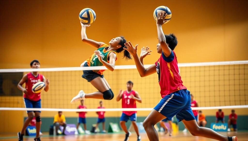 A bustling volleyball court, with young athletes in vibrant uniforms locked in an intense match. The foreground features two players, one leaping gracefully to spike the ball, the other diving to make a desperate save. Sweat glistens on their determined faces as they compete with unwavering focus. In the middle ground, their teammates cheer them on from the sidelines, creating an atmosphere of camaraderie and competitive spirit. The background is a blurred, warm-toned gymnasium, with the court illuminated by bright, dramatic lighting that casts dramatic shadows and highlights the players' athleticism. The overall scene conveys the thrill and challenges of Livoli, the Indonesian volleyball league, where young talents rise to the occasion and hone their skills on the path to national glory.
