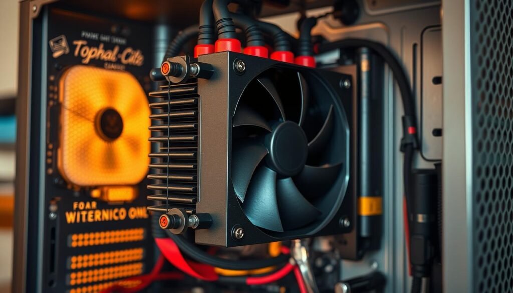 A detailed closeup view of an old desktop PC case, featuring a radiator mounted on the side panel with careful attention to cable routing and airflow. The radiator has sleek black fins and red-accented fittings, blending seamlessly into the case's vintage aesthetic. Soft, warm lighting highlights the intricate setup, creating a clean and professional appearance. The perspective emphasizes the elegant integration of the water-cooling system, showcasing how it can be installed without the need to disassemble the entire PC.