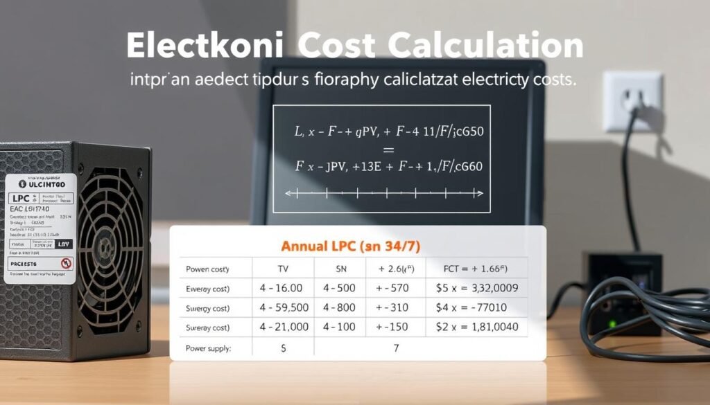 A detailed illustration of electrical cost calculation for a desktop PC power supply, featuring a clear and organized layout. The foreground showcases a power supply unit with technical specifications, while the middle ground displays an energy consumption chart and related formulas. The background depicts a desktop computer and a power outlet, creating a cohesive and informative scene. The lighting is clear and natural, capturing the technical and analytical nature of the subject. The overall tone is informative and educational, guiding the viewer through the process of calculating annual electricity costs for a PC running 24/7.