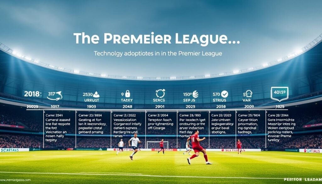 A detailed timeline depicting the evolution of technology adoption in the Premier League, showcased against a backdrop of a sleek, modern football stadium. The foreground features a clean, minimalist infographic with crisp data visualizations charting the steady rise in technology integration over the years - from early camera-based goal-line technology to the more recent introduction of VAR. The middle ground captures the intensity of a Premier League match, with players in sharp focus moving across the lush, verdant pitch. The background presents an architectural panorama of the stadium, its sweeping curves and glass facades reflecting the innovative spirit of the league. The overall scene exudes a sense of progress, seamlessly blending the traditional sport with the transformative power of technology.