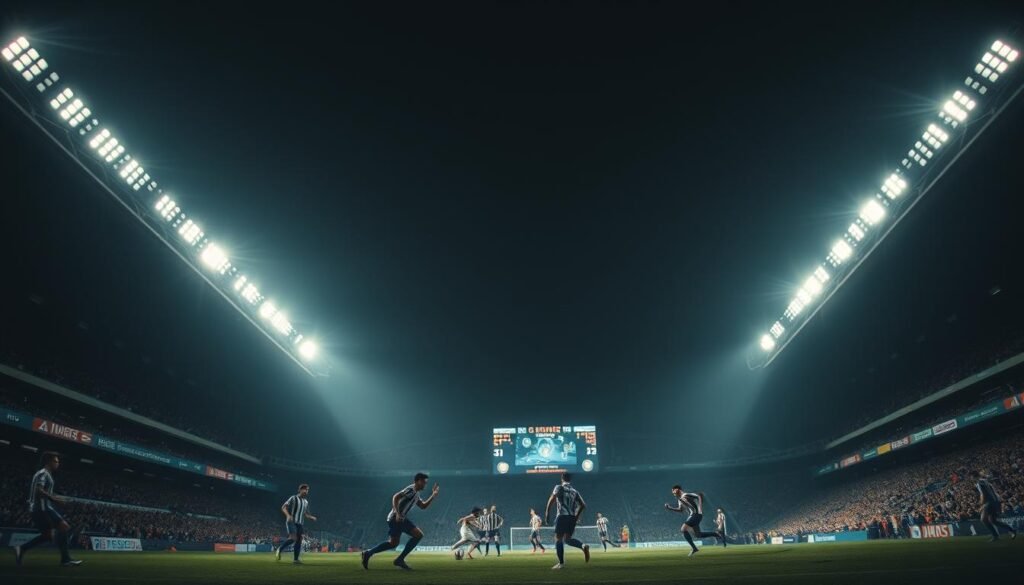 A dimly lit soccer stadium at injury time, the scoreboard showing the extra minutes added. Players scramble on the field, their faces intense with the pressure of the final moments. The floodlights cast long shadows, creating a dramatic, cinematic atmosphere. The camera angle captures the action from a low perspective, emphasizing the towering stands and the urgency of the moment. The image conveys the high stakes and unpredictability of injury time in modern soccer, where a single goal can change the outcome of the entire match.