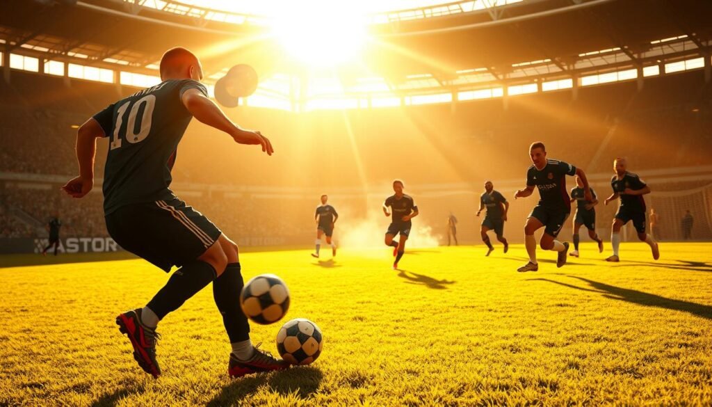 A dramatic soccer match unfolds on a lush, verdant pitch bathed in warm, golden light. In the foreground, a player deftly maneuvers the ball, their muscles rippling with explosive power as they surge forward, eyes locked on the goal. The opposing team scrambles to defend, their silhouettes blurred in the background, creating a sense of urgency and tension. Sunlight filters through the stadium, casting long shadows and adding depth and dimensionality to the scene. The overall atmosphere is one of intense, high-stakes competition, where a single, lightning-fast strike could change the course of the game.