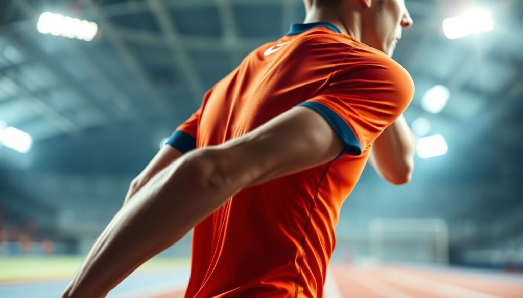 A dynamic image of a high-performance GPS sensor integrated into a sleek, modern sports jersey worn by an athlete. In the foreground, the athlete, dressed in the Netherlands national team jersey, demonstrates an athletic pose, showcasing the jersey's form-fitting design and the discreetly placed GPS sensor on the back. The middle ground features a training environment, with a soft focus on a track and field backdrop, capturing the essence of real-time athletic monitoring. The background displays blurred stadium lights, creating an energetic atmosphere. The lighting is bright and vibrant, highlighting the jersey's details and the athlete's physique. Use a slight low-angle perspective to enhance the sense of motion and intensity, embodying the cutting-edge technology in sports performance monitoring.