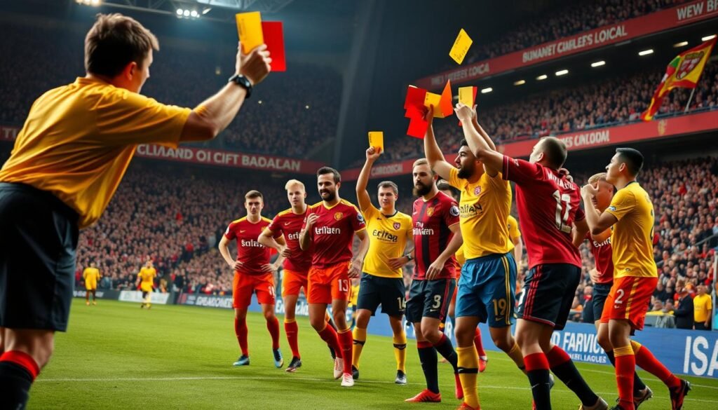 A dynamic scene from an intense English Premier League football match, focusing on players in vibrant team jerseys engaging in heated action. In the foreground, a referee is shown brandishing multiple yellow and red cards, illustrating the chaos of card distribution during the match. The players, captured mid-action, exhibit a mix of determination and frustration, their expressions clearly visible as they argue or react to fouls. The middle ground features the stadium packed with enthusiastic fans, waving flags and banners, enhancing the energetic atmosphere. The background showcases the stadium lights illuminating the field, casting shadows that add dramatic flair. The image is captured from a low angle, emphasizing the players and the urgency of the moment, creating a tense yet exciting mood. Soft focus on the crowd adds depth to the scene.