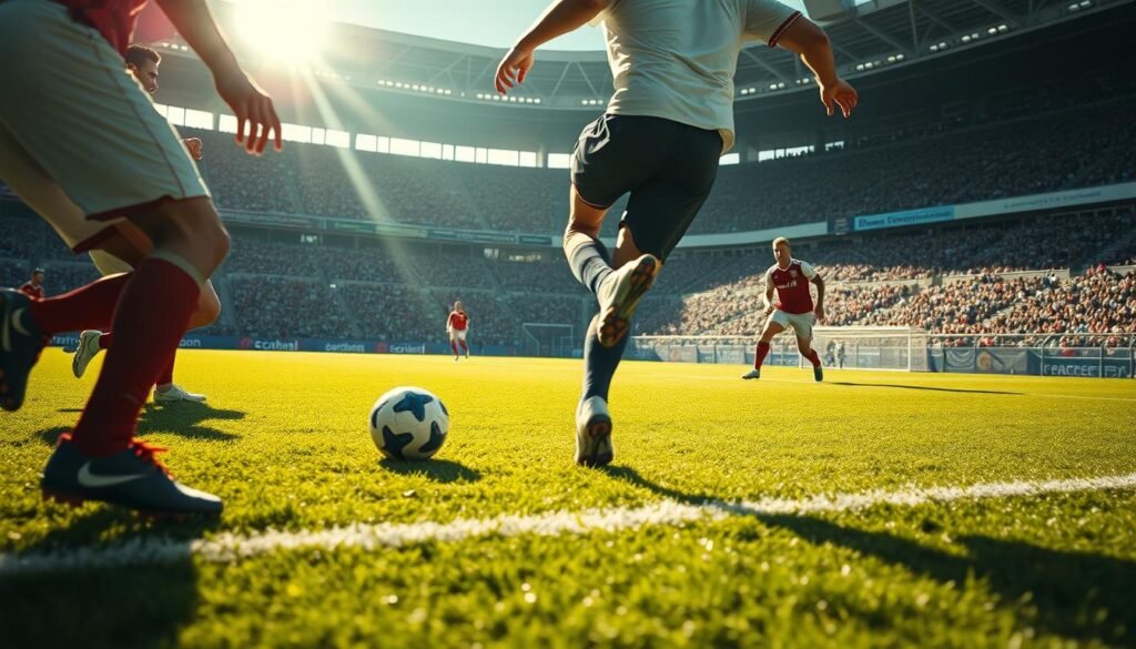 A fast-paced football match, players in action, with a striker receiving the ball in the center of the frame. Sunlight filters through the stadium, casting dynamic shadows across the grass pitch. The striker's legs are a blur as he winds up for a powerful shot, his gaze focused intently on the goal. The opposing defense scrambles to react, their outstretched limbs creating a sense of urgency. The composition is framed with a tight, cinematic angle, emphasizing the intensity of the moment as the ball leaves the striker's boot, destined to find the back of the net in a split-second goal.