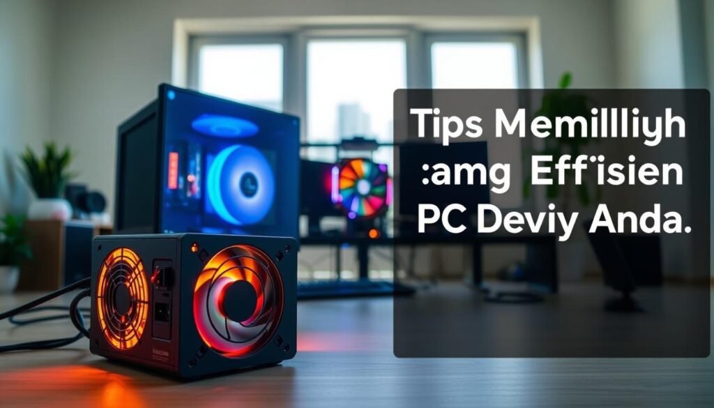 A neatly organized desktop with a sleek power supply unit (PSU) in the foreground, casting a warm glow. In the middle ground, an array of computer components and peripherals, showcasing efficient power consumption. The background depicts a minimalist home office setting, with clean lines and natural lighting filtering through large windows. The image conveys a sense of thoughtful design and energy-conscious computing, reflecting the "Tips Memilih PSU yang Efisien untuk PC Desktop Anda" section of the article.