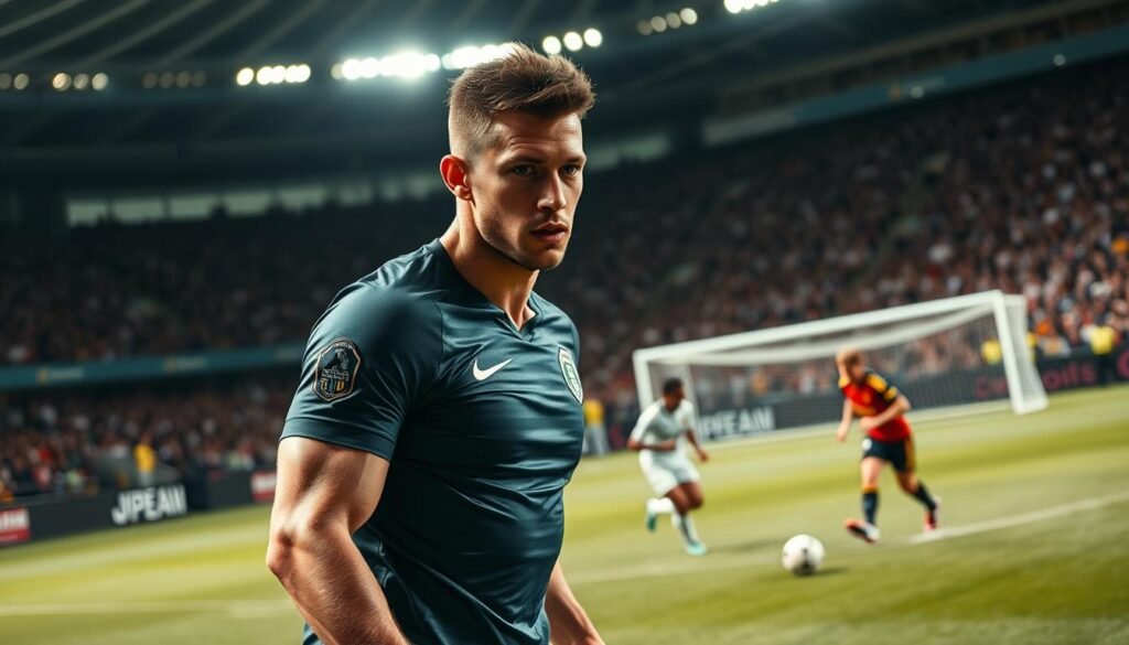 A professional soccer player in a dynamic pose on the field, wearing a jersey equipped with a GPS sensor, showcasing the innovative technology in sports. In the foreground, the player appears focused and determined, highlighting muscular definition and athletic posture. In the middle ground, other players engage in an intense game, with a visible soccer ball and goalposts, emphasizing teamwork and strategy. The background features a cheering crowd and stadium lights, creating an energetic atmosphere. The lighting is bright and natural, capturing the excitement of a match. The shot is taken from a low angle, accentuating the player’s movement and the action on the field. The overall mood conveys professionalism and the advancement of technology in soccer, illustrating the benefits of GPS sensors in real-time physical monitoring.