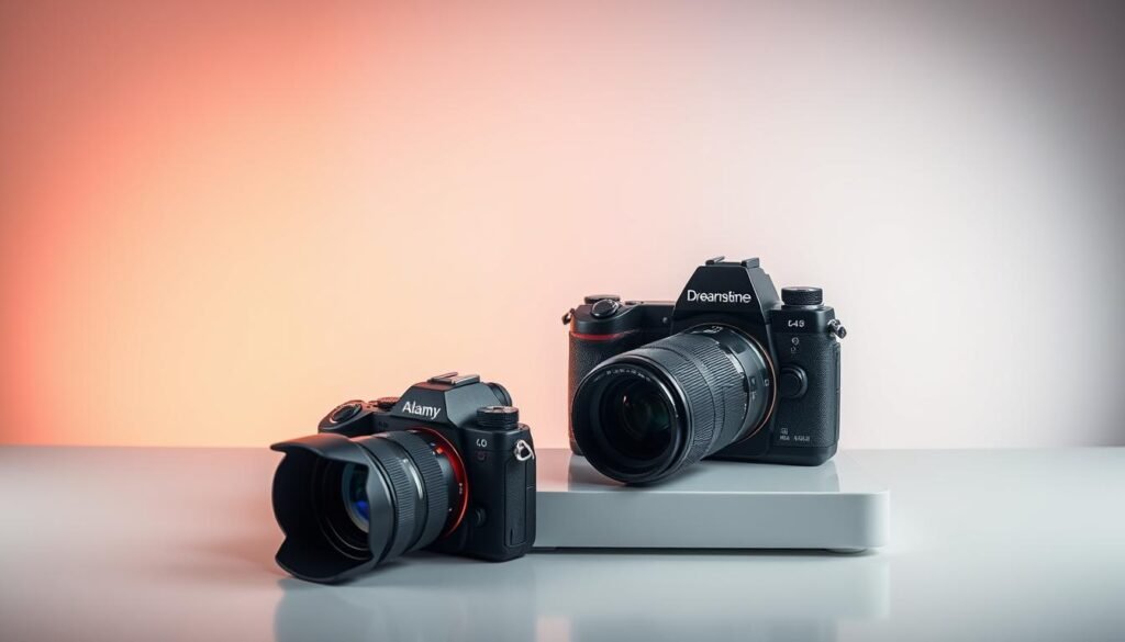 A serene, well-lit studio scene featuring two professional-grade camera bodies and lenses from renowned brands Dreamstime and Alamy, resting on a sleek, minimalist white tabletop. The cameras are positioned at slightly divergent angles, suggesting the flexibility and versatility of these platforms for photographers of all skill levels. The lighting is soft and diffused, creating a warm, inviting atmosphere that emphasizes the premium quality of the equipment. In the background, a subtle gradient of muted colors evokes a sense of professionalism and creativity, perfectly complementing the central photographic gear. The overall composition conveys the ease and confidence with which one can monetize their hobby through these leading stock photo marketplaces.