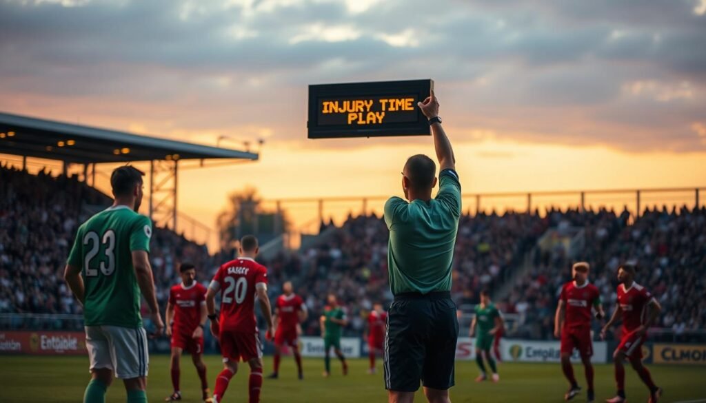 A soccer field at dusk, with players in red and green jerseys engaged in a tense match. The referee, standing in the center, holds up the electronic board, indicating additional injury time. The stadium lights cast a warm, golden glow, creating an atmosphere of anticipation and drama. The crowd in the stands, partially visible in the background, leans forward, eagerly awaiting the final moments of the game. The scene captures the tension and excitement of the added time, reflecting the fair play and controversy surrounding the decision.
