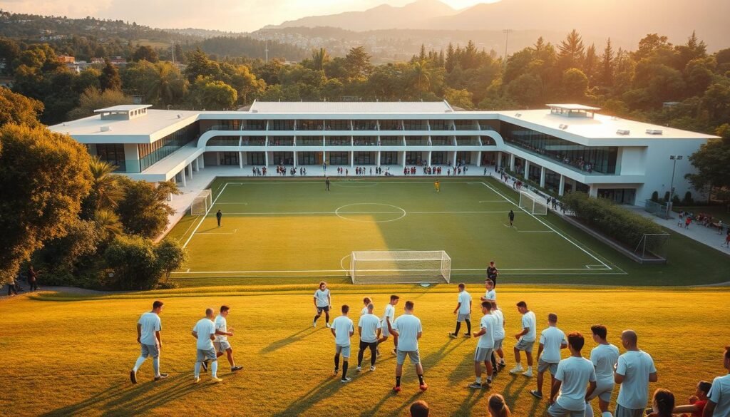 A sprawling, modern football academy nestled amidst lush greenery, with sleek, contemporary architecture accentuated by clean lines and glass facades. In the foreground, a group of young players, dressed in pristine uniforms, engage in a dynamic training session, their movements precise and focused. The middle ground features state-of-the-art facilities, including a pristine training pitch, fitness center, and video analysis rooms, all designed to nurture the talents of the next generation of footballing superstars. The background showcases the academy's integration with the local community, with families and supporters gathered around the sidelines, their enthusiasm palpable. The scene is bathed in warm, golden light, creating an atmosphere of hope, opportunity, and the endless possibilities that lie within these hallowed grounds.