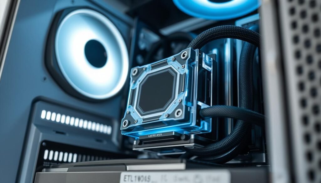 A step-by-step guide to practical water block installation. A close-up view of a water block component, showcasing its intricate design and precision engineering. The water block is positioned on a modern desktop PC's CPU, nestled amidst a clean, minimalist interior. Soft, directional lighting illuminates the water block, highlighting its sleek, metallic finish and acrylic accents. The scene conveys a sense of technical proficiency and attention to detail, reflecting the expertise required for a successful water-cooling AIO setup. The overall composition emphasizes the water block's central role in the cooling system, providing a visual reference for the "Panduan Praktis: Pasang water-cooling AIO" section.