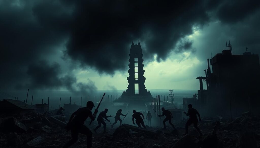 A tense, ominous scene depicting the "eskalasi berbahaya" (dangerous escalation) on the global stage. In the foreground, dark storm clouds loom, casting an eerie glow across a desolate, war-torn landscape. Amidst the rubble, shadowy figures engage in heated conflict, their movements blurred by the sense of urgency. The middle ground is dominated by a towering, angular structure, its jagged edges and sharp lines conveying a sense of instability and unease. In the distant background, a horizon line is obscured by the hazy, foreboding atmosphere, hinting at the wider implications of this dangerous escalation. The overall mood is one of tension, volatility, and the looming threat of further conflict.