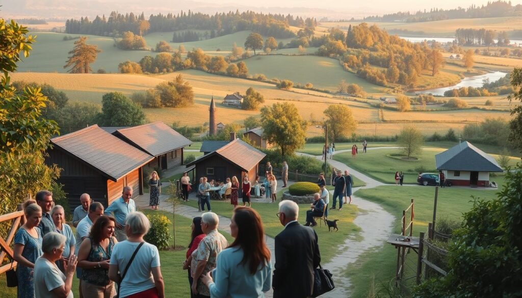 A tranquil village scene with lush greenery and a winding path leading to a cozy cluster of houses. In the foreground, a group of people engaged in lively conversation, their gestures and expressions conveying a sense of community and social connection. The middle ground features a small community center or gathering space, where people of all ages mingle and participate in various activities. In the background, a rolling landscape dotted with trees and a glimpse of a nearby river or lake, creating a peaceful, natural setting. The lighting is warm and golden, suggesting a late afternoon or early evening atmosphere, and the overall mood is one of harmony, kinship, and a vibrant, thriving social environment.
