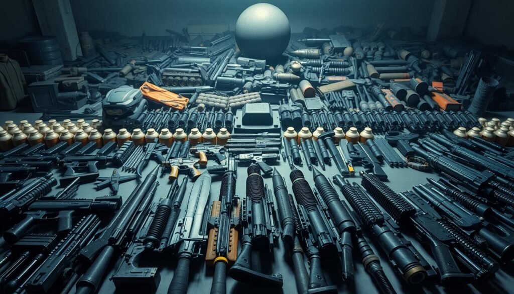 A vast arsenal of advanced weaponry, including chemical agents and nuclear warheads, lies in the background, casting an ominous shadow over the scene. In the foreground, a diverse array of modern senjata, or weapons, are meticulously crafted, their sleek designs and lethal capabilities conveying a sense of power and might. The lighting is stark and dramatic, highlighting the intricate details and the sheer destructive potential of these instruments of war. The mood is one of tension and foreboding, a stark reminder of the ever-present threat of global conflict.