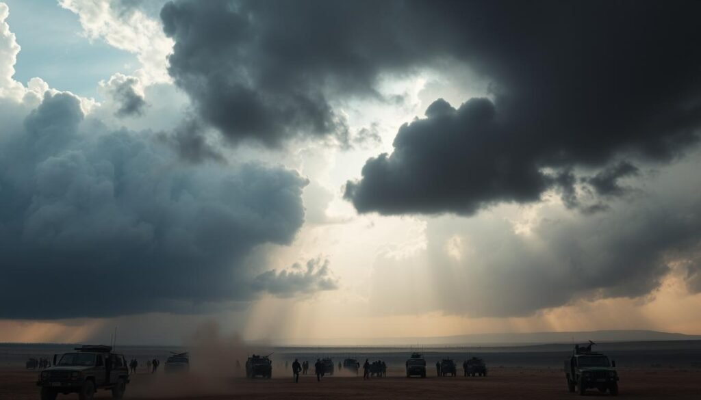 A vast, ominous landscape dominated by towering, dark clouds that cast an ominous shadow over a scene of turmoil. In the foreground, military vehicles and armed forces engage in a tense standoff, their presence a tangible symbol of the escalating tensions in the region. The air is thick with a sense of unease, the atmosphere charged with the potential for violence. In the distance, the horizon is obscured by the haze of conflict, hinting at the wider implications of this dangerous escalation. The lighting is dramatic, with a mix of cool and warm tones that evoke a sense of foreboding and uncertainty. The overall composition conveys the gravity of the situation, underscoring the need for careful diplomatic maneuvering to navigate the perilous path ahead.