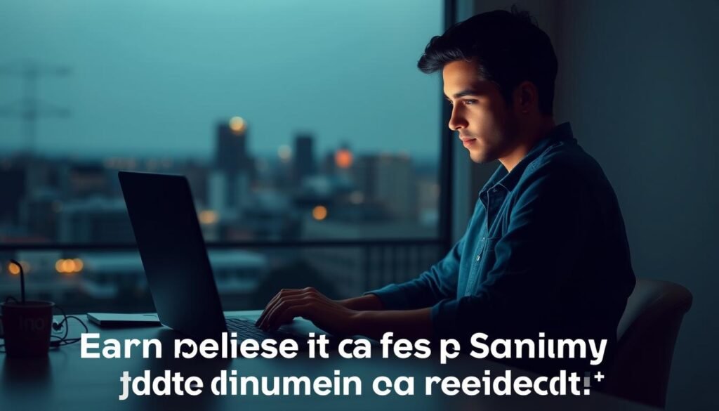 A well-lit, studio-style photograph of a person sitting at a desk, intently working on a laptop computer. The person's face is illuminated from the side, creating a dramatic, artistic lighting effect. They are wearing casual, comfortable clothing, suggesting a relaxed, creative atmosphere. In the background, there is a blurred, out-of-focus view of a cityscape or landscape, hinting at the broader context of the "Unsplash+" platform. The overall scene conveys a sense of productivity, innovation, and the potential for earning income through contributing to a stock photo platform.