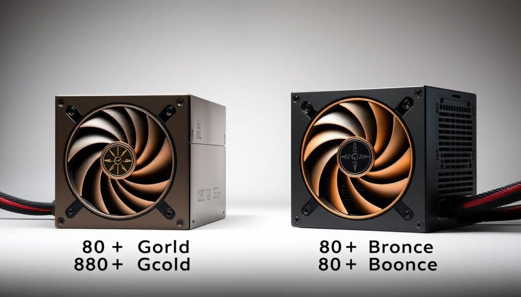 a highly detailed, photorealistic comparison of a 80+ Gold and 80+ Bronze power supply, shown in a well-lit, high-quality studio setup. The power supplies are positioned side-by-side, with a clean, neutral background that allows the products to be the focal point. The lighting is carefully arranged to create dramatic shadows and highlights, emphasizing the sleek, metallic designs and intricate features of the power supplies. The image has a professional, technical aesthetic, conveying the precision and efficiency of the products. The overall composition is balanced and visually appealing, making it an ideal illustration for the article's section on power supply efficiency comparison.