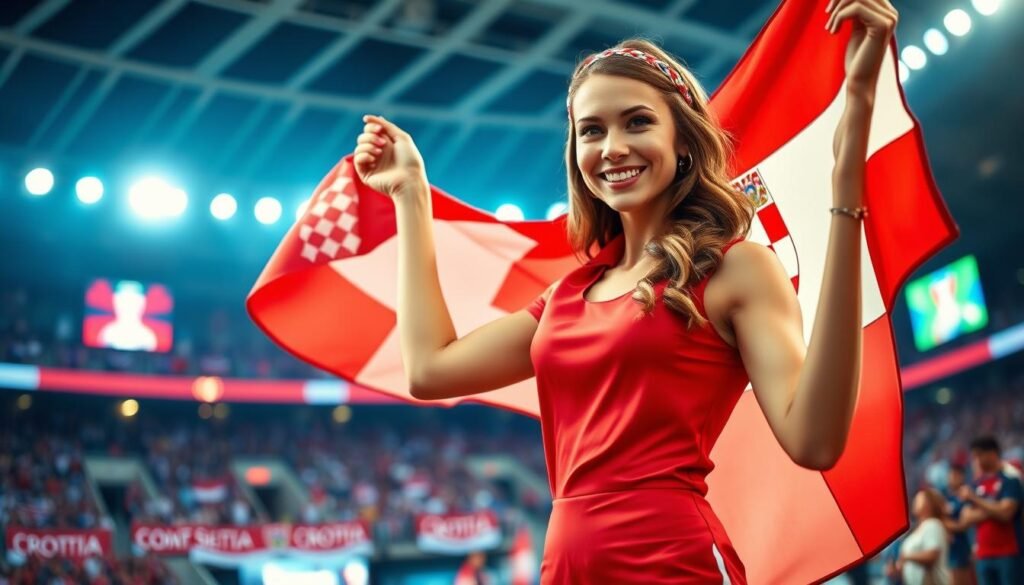 A beautiful female World Cup supporter, inspired by the charismatic Ivana Knoll, stands confidently in a stylish yet modest outfit that represents Croatia's national colors. In the foreground, she is smiling and waving a large Croatian flag, her hair styled elegantly and adorned with a decorative headband. The middle ground features a lively stadium atmosphere, filled with cheering fans and vibrant banners, capturing the excitement of the event. In the background, colorful stadium lights illuminate the scene, adding a dynamic energy to the moment. The image is captured with a slight angle, emphasizing her enthusiastic pose and cheerful demeanor. The overall mood is joyful, celebrating sportsmanship and national pride while remaining professional and respectful.