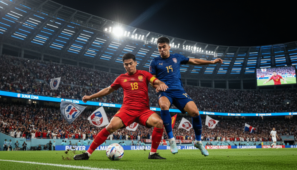 A dramatic moment from a club world championship match, capturing the intensity of the players on the field. In the foreground, two athletes in vibrant team jerseys clash as they vie for the ball, displaying a range of emotions from determination to tension. The middle ground features a packed stadium, filled with excited fans waving flags and banners, their faces lit by the bright stadium lights. In the background, the night sky is filled with bright lights and the silhouettes of towering stadium structures. The atmosphere is charged, evoking a sense of anticipation and historical significance. The lighting is dynamic, with a mix of spotlights and ambient light casting dramatic shadows, highlighting the players’ expressions. The angle is slightly low, emphasizing the action and the grandeur of the scene.