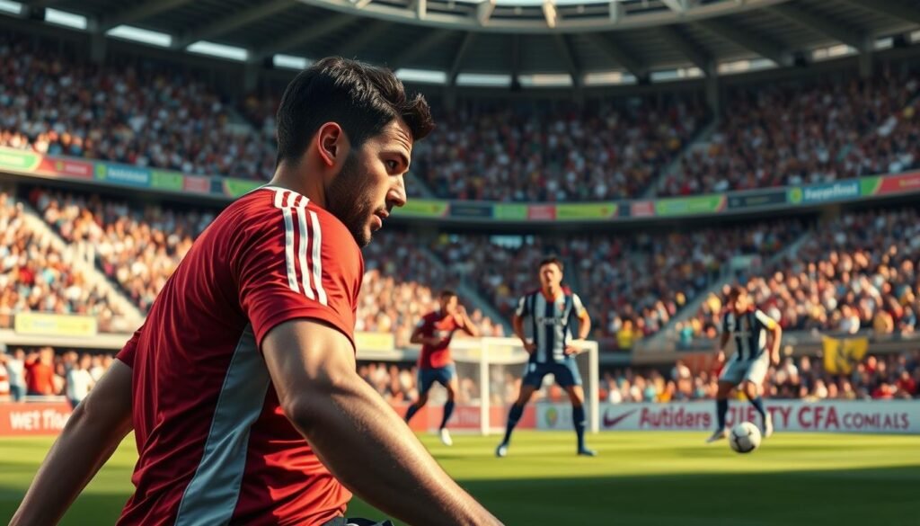 A dynamic and engaging scene illustrating a soccer corner kick execution, featuring a focused player in a professional soccer kit poised to take the kick. The foreground showcases the player's determined expression, showcasing a mix of concentration and strategy, while their teammates in the background are positioning themselves for optimal scoring opportunities. The middle ground includes an opponent's team members anticipating the play, creating a tense moment on the field. The background captures a vibrant stadium setting, filled with cheering fans and colorful team banners, enhancing the atmosphere of excitement and tension. The lighting should mimic late afternoon sunlight, casting dramatic shadows, while capturing the energy of the game, with a slightly low-angle perspective to emphasize the player's action.