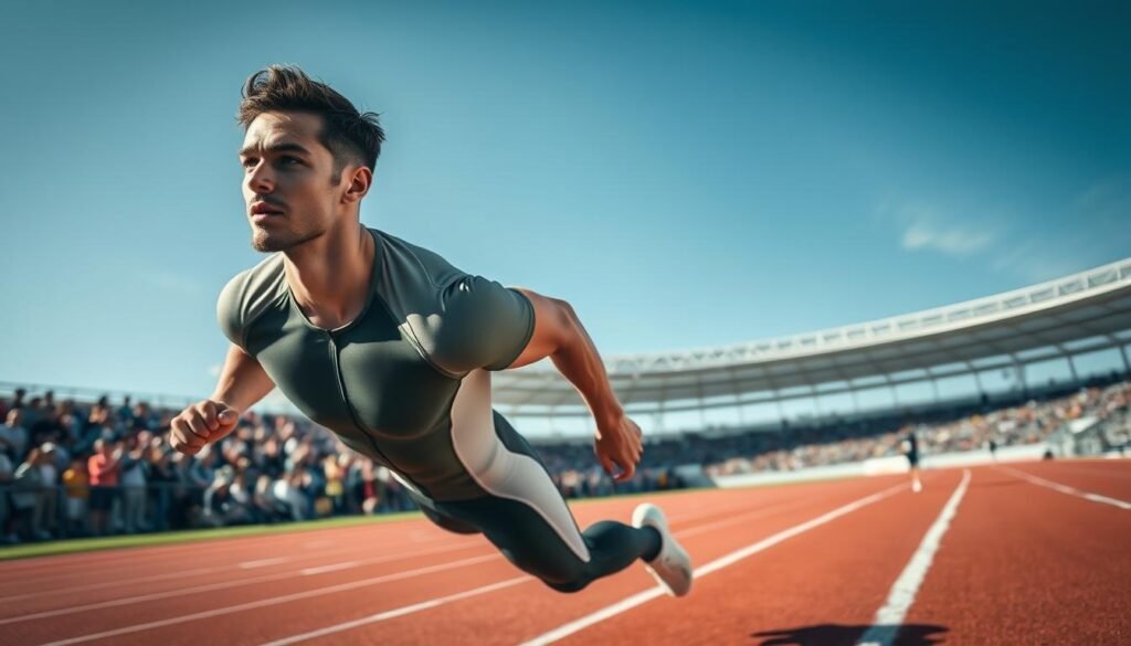 A dynamic and vibrant scene showcasing a male sprinter dressed in a form-fitting, high-performance jersey designed for sprinting. The athlete is captured in mid-sprint on a track, emphasizing the speed and agility of the movement. In the foreground, the sprinter's focused expression and muscular definition highlight the benefits of wearing the right jersey for optimal performance. The middle ground features an athletic track with blurred lines, symbolizing rapid movement, while the background includes a cheering crowd and a bright stadium under clear blue skies, conveying an atmosphere of excitement and competition. Use dramatic lighting to enhance the athlete's features, with a low-angle shot to emphasize his speed and power.