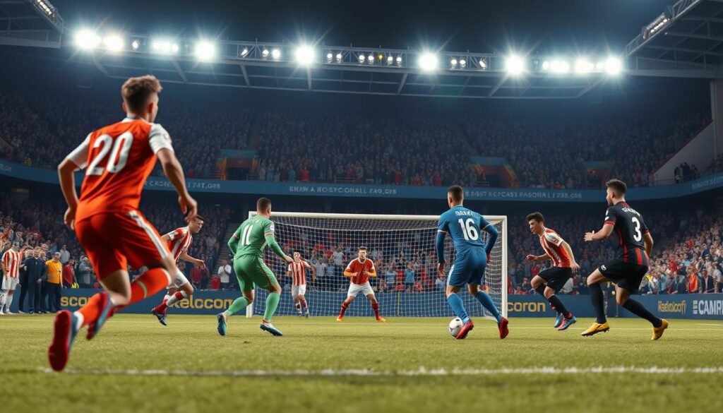 A dynamic depiction of a soccer corner kick strategy being executed during a match. In the foreground, a diverse group of players is poised in different positions, showcasing three unique corner kick variations: one player about to take the kick, two players making strategic runs toward the goal, and one player positioned for a possible header. The middle ground features a goalpost with a goalkeeper ready to defend, while teammates and opponents are strategically placed around the penalty area. The background includes an energized stadium filled with cheering fans under bright stadium lights, creating an intense atmosphere. The scene is captured with a slightly low angle to emphasize the players’ movements, emphasizing their determination and teamwork. The overall mood is one of excitement and anticipation.