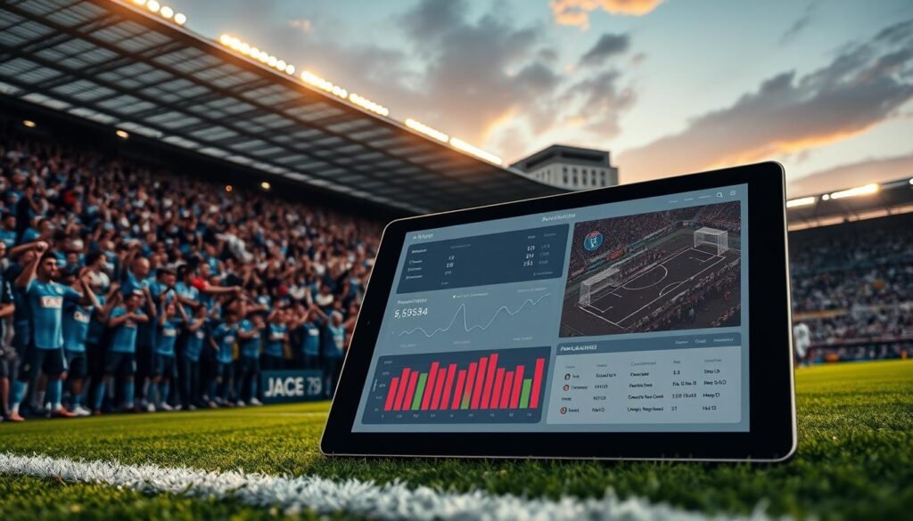 A dynamic sports analytics scene showcasing the performance analysis of Napoli in a thrilling soccer match. In the foreground, a sleek digital tablet displays vibrant graphs and statistics, illustrating key player performances and tactical formations. The middle ground features an intense atmosphere of a stadium filled with enthusiastic fans, wearing Napoli colors, celebrating a pivotal moment in the game. The background captures the iconic buildings of Naples under a sunset sky, casting warm, golden lighting across the scene. The composition conveys excitement and strategy, with a professional mood that highlights Napoli's success on the field. The angle is slightly low, emphasizing the energy of the fans and the significance of the analysis in understanding Napoli's dominance in the match.