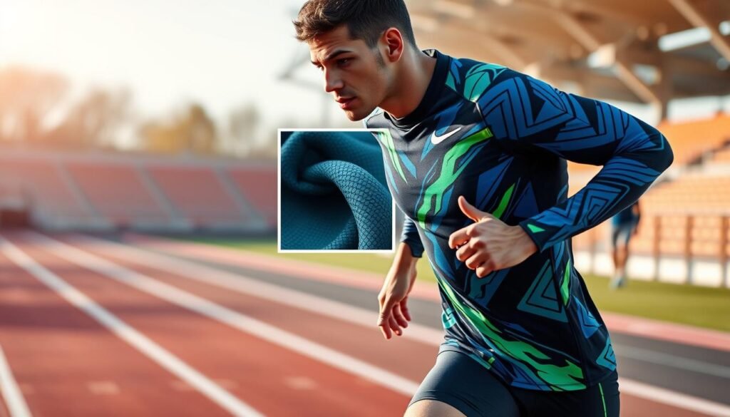 A modern sports jersey designed for optimal sprint performance, showcasing the latest in athletic fabric technology. The jersey is fitted and sleek, featuring dynamic patterns in bold colors of deep blue and neon green, accentuating its aerodynamic design. In the foreground, a male athlete in professional athletic attire is wearing the jersey, demonstrating a sprinting pose, capturing the essence of speed and agility. The middle features a stylized representation of the jersey's innovative materials with a close-up of the fabric's texture and flexibility. The background shows a vibrant outdoor track setting bathed in soft, natural light, evoking a sense of energy and motivation. The atmosphere is dynamic and competitive, reflecting the cutting-edge nature of sports technology in 2024.