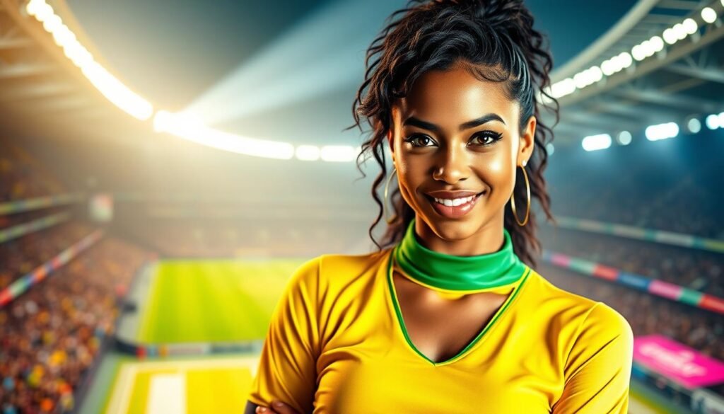 A stunning female model from Brazil, embodying an elegant and sporty essence, posing with confidence. She wears a fashionable outfit inspired by the vibrant colors of the Brazilian flag, incorporating green, yellow, and blue in her attire. The foreground features her radiant smile and captivating eyes, symbolizing her passion for football and connection to Richarlison. In the middle ground, an iconic football stadium is subtly visible, celebrating the World Cup atmosphere without overwhelming the subject. The background captures a lively crowd with colorful banners and lights, enhancing the festive mood. The lighting is warm and bright, highlighting her features, while a soft focus gives a dreamy quality to the scene, evoking emotion and excitement for the beautiful game.