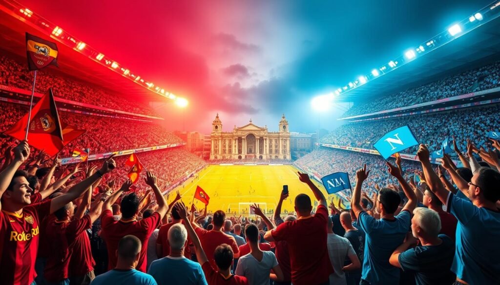 A vibrant and dynamic scene capturing the essence of "Derby del Sole," the intense football rivalry between AS Roma and Napoli. In the foreground, passionate fans from both teams wearing their respective jerseys—Roma in deep red and gold, Napoli in sky blue—are engaged in a lively atmosphere, waving flags and banners. The middle ground features a bustling stadium filled to capacity, with dramatic lighting illuminating the field and cheering spectators. In the background, iconic landmarks of Rome and Naples subtly merge, symbolizing the historical significance of this rivalry. The camera angle is slightly elevated, focusing on the energetic crowd and the electrifying game atmosphere, evoking excitement and anticipation. The overall mood is vibrant and competitive, encapsulating the spirit of this storied derby.