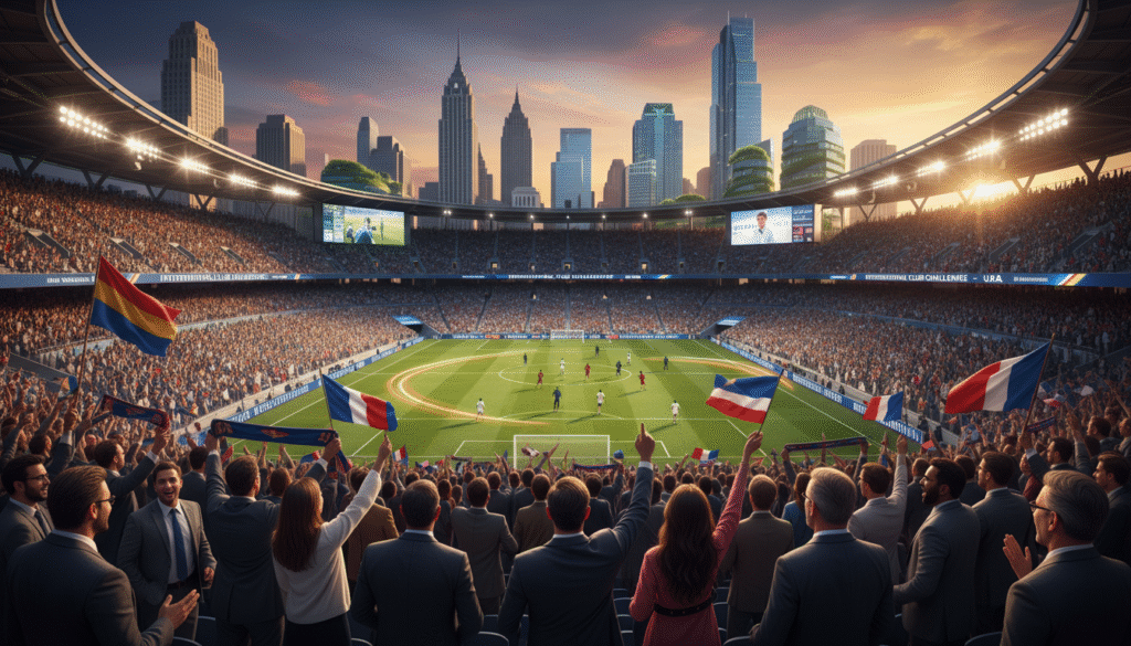 A vibrant scene capturing a world-class football stadium in the United States, bustling with excitement as fans from diverse backgrounds gather to witness an international club competition. In the foreground, thrilled spectators in professional attire cheer and wave flags, showcasing team colors. The middle ground features a dynamic football pitch, where players of various ethnicities engage in an intense match under stadium lights that create a dramatic atmosphere. In the background, iconic American architecture blends with modern design elements, symbolizing a new era in sports hosting. The lighting is bright and dynamic, with a sunset glow illuminating the scene, conveying a sense of unity and anticipation for the future of club tournaments. The angle is slightly elevated, providing a panoramic view of the electrifying environment.