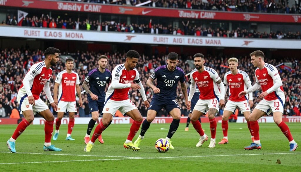 A dynamic scene on a football pitch during a corner kick, showcasing the distinctive tactics employed by Arsenal. In the foreground, a vibrant group of Arsenal players, dressed in their iconic red and white kits, are strategically positioned, with players exchanging tactical gestures, emphasizing teamwork. In the middle ground, the opposition players, in contrasting uniforms, are attempting to mark the Arsenal players closely, adding tension to the scene. The background features a stadium filled with excited fans, waving flags and creating an electric atmosphere. The lighting is bright and focused, capturing the intensity of the moment, while the angle from slightly above provides a clear view of the tactical setup. The mood is energetic and competitive, reflecting the high stakes of a professional football match. A dynamic scene on a football pitch during a corner kick, showcasing the distinctive tactics employed by Arsenal. In the foreground, a vibrant group of Arsenal players, dressed in their iconic red and white kits, are strategically positioned, with players exchanging tactical gestures, emphasizing teamwork. In the middle ground, the opposition players, in contrasting uniforms, are attempting to mark the Arsenal players closely, adding tension to the scene. The background features a stadium filled with excited fans, waving flags and creating an electric atmosphere. The lighting is bright and focused, capturing the intensity of the moment, while the angle from slightly above provides a clear view of the tactical setup. The mood is energetic and competitive, reflecting the high stakes of a professional football match.