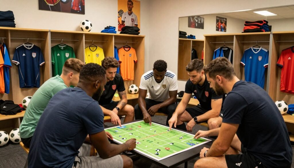 A sports team huddled in a modern locker room, focused on their game strategy for an upcoming soccer match. In the foreground, a group of players, dressed in smart casual attire, discusses their tactics while studying a large game plan spread out on the bench. In the middle, the locker room is filled with colorful team jerseys, soccer balls, and training gear, creating a vibrant atmosphere. The background features motivational posters on the walls and a large mirror reflecting the players' determination. The lighting is warm, casting a soft glow that emphasizes teamwork and preparation. The scene conveys a sense of urgency, focus, and camaraderie as the team builds a solid preparation plan before kick-off.