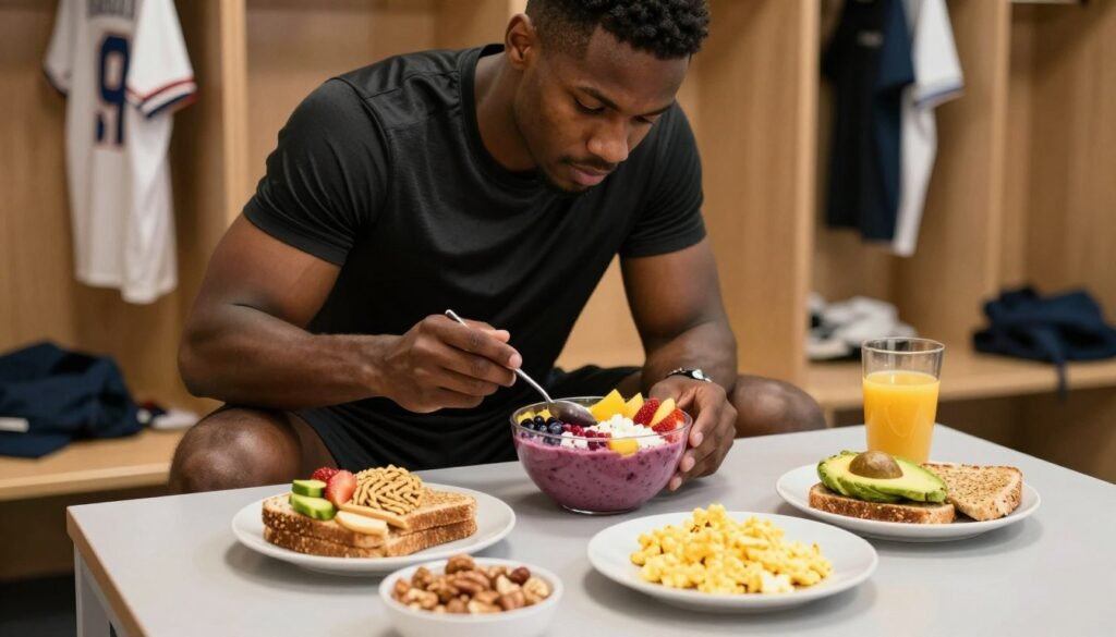 A vibrant breakfast scene designed for athletes before a big game. In the foreground, a beautifully arranged table features a variety of nutritious foods: a colorful smoothie bowl topped with fresh fruits, whole-grain toast with avocado, scrambled eggs, and a selection of nuts. In the middle ground, a focused athlete in comfortable athletic attire is seen preparing to eat, showcasing a sense of determination. The background reveals subtle hints of a locker room setting, with jerseys and gear neatly hung on hooks. Soft, warm lighting creates a motivational and energetic atmosphere. The angle should be slightly above eye level, capturing the essence of a well-prepared morning ritual before heading to the stadium.